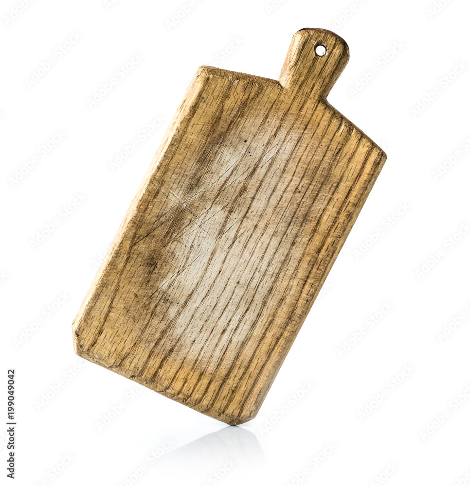 Fototapeta premium rectangular used natural wooden cooking board isolated on a white background.