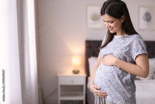Young pregnant woman near window at home