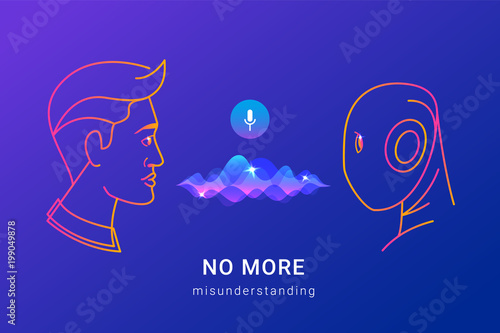 Human voice recognition and smart assistance concept gradient line vector illustration of people using voice assistant and ai without missunderstanding