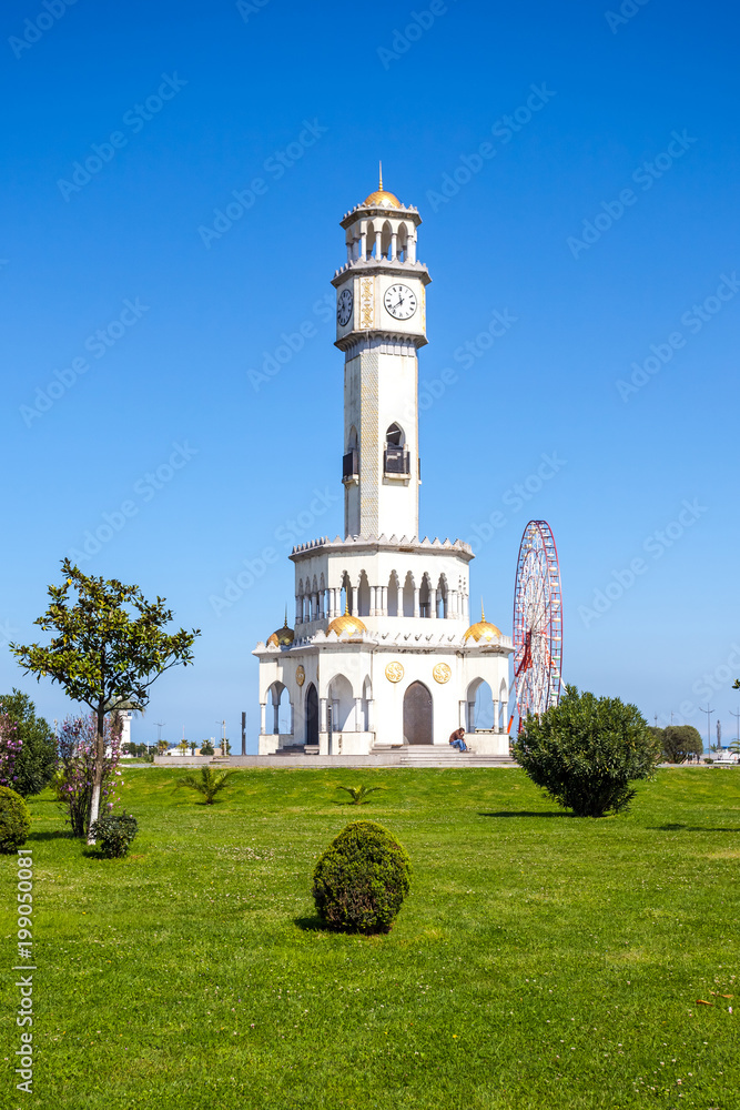 Batumi lighthouse on the Batumi Seafront Promenade in the sunny day, Adjara, Georgia