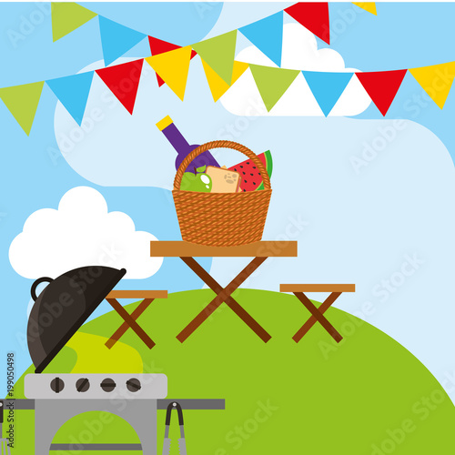 picnic grill and wooden table with wicker basket full food and garland hang vector illustration