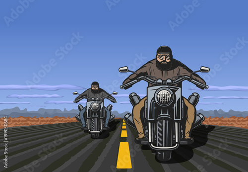 motorcycle poster. motorcyclist on the road with desert background. Motorbike vector illustration. Biker on chopper bike