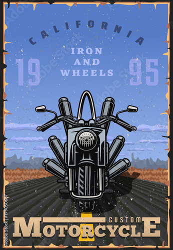 Vintage style motorcycle poster. Text and grunge texture. Motorcycle on the road with desert background. Motorbike vector illustration. chopper bike