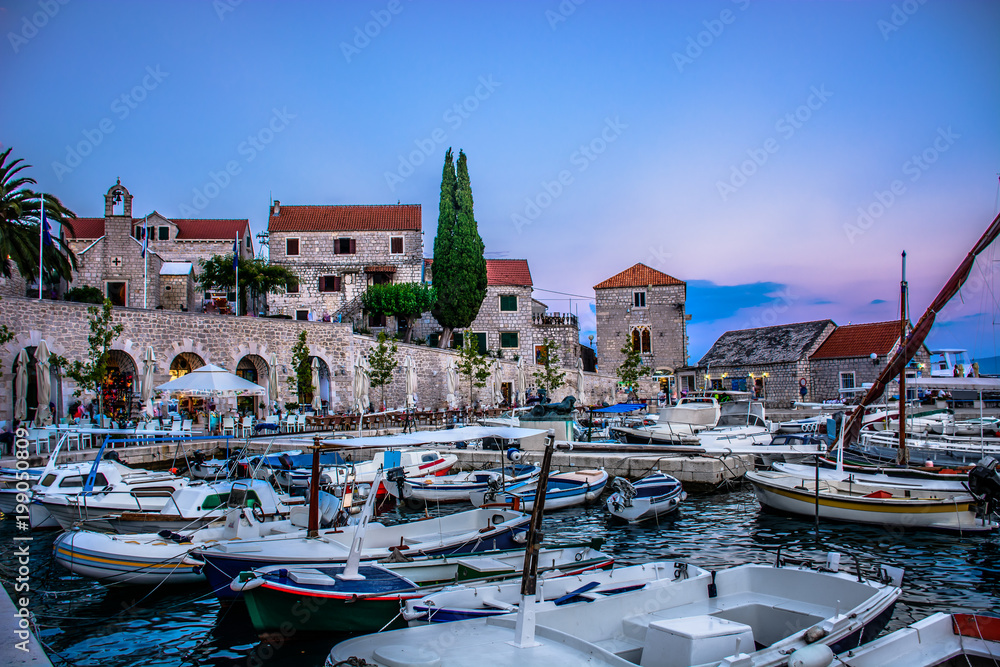 Bol Brac scenic evening. / Evening view at fmous torurist resort Bol on Island Brac, Croatia Mediterranean.