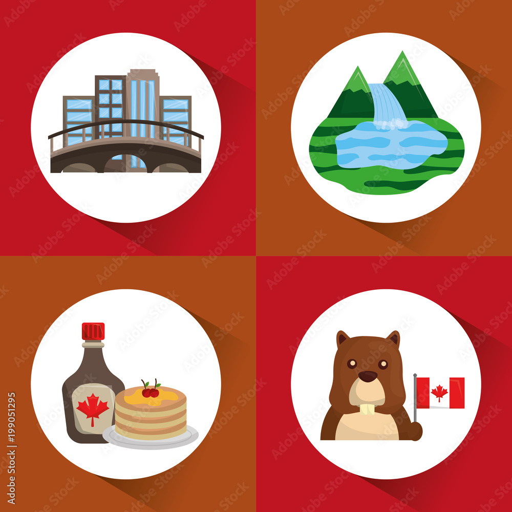 canada set montreal city pancakes beaver forest lake vector illustration