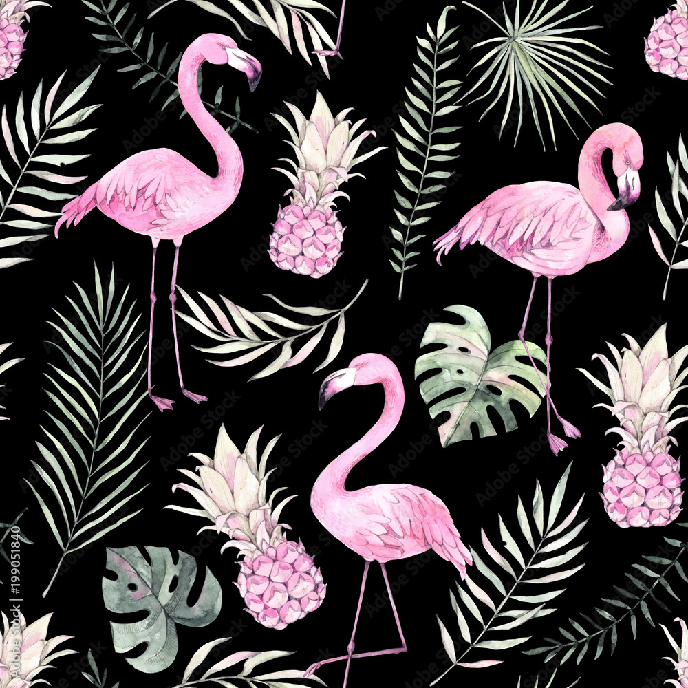 Hand drawn watercolor seamless pattern. Background with pink flamingo, pineapple and tropical leaves. Perfect for wrapping paper, fabric, linens, invitations, greeting cards, prints Hand drawn watercolor seamless pattern. Background with pink flamingo, pineapple and tropical leaves. Perfect for wrapping paper, fabric, linens, invitations, greeting cards, prints