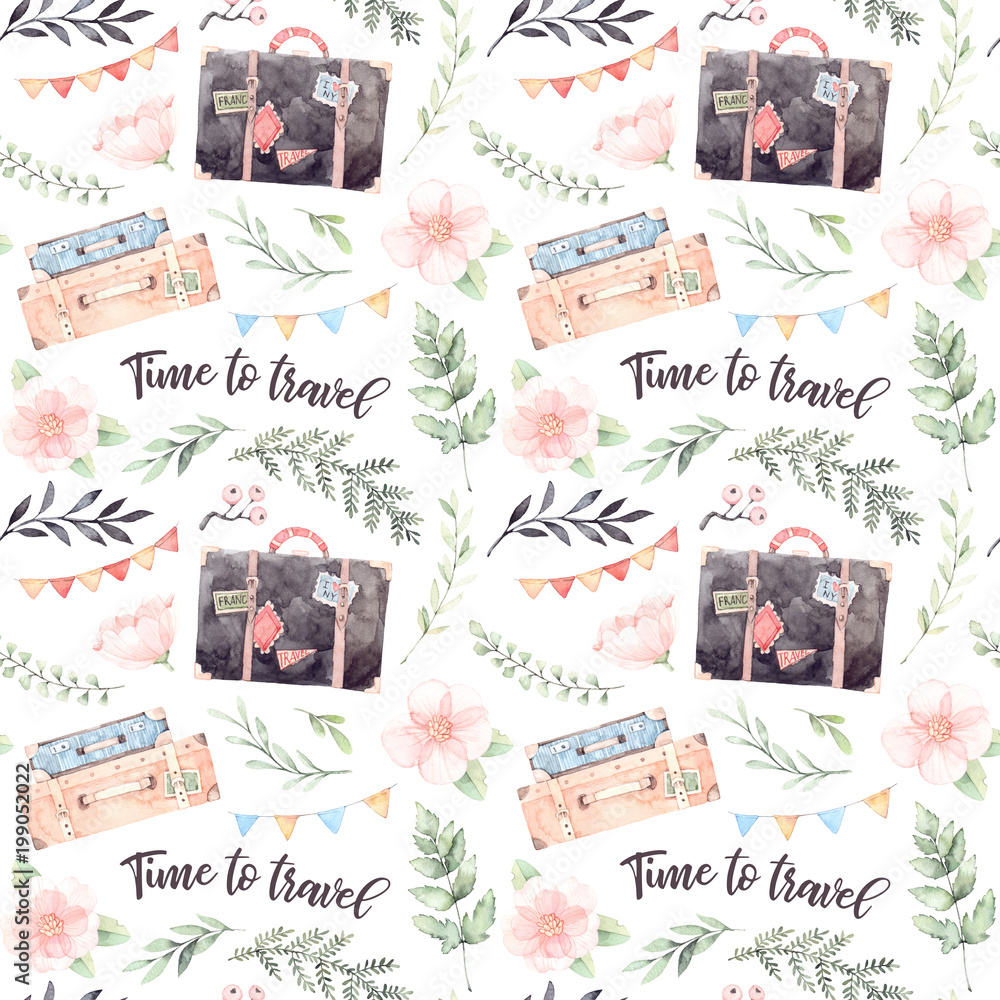 Hand drawn watercolor seamless pattern. Time to travel. Fashion suitcases with stickers, flowers, Lettering, garland with flags. Trip to World. Perfect for invitations, greeting cards, prints, flyers