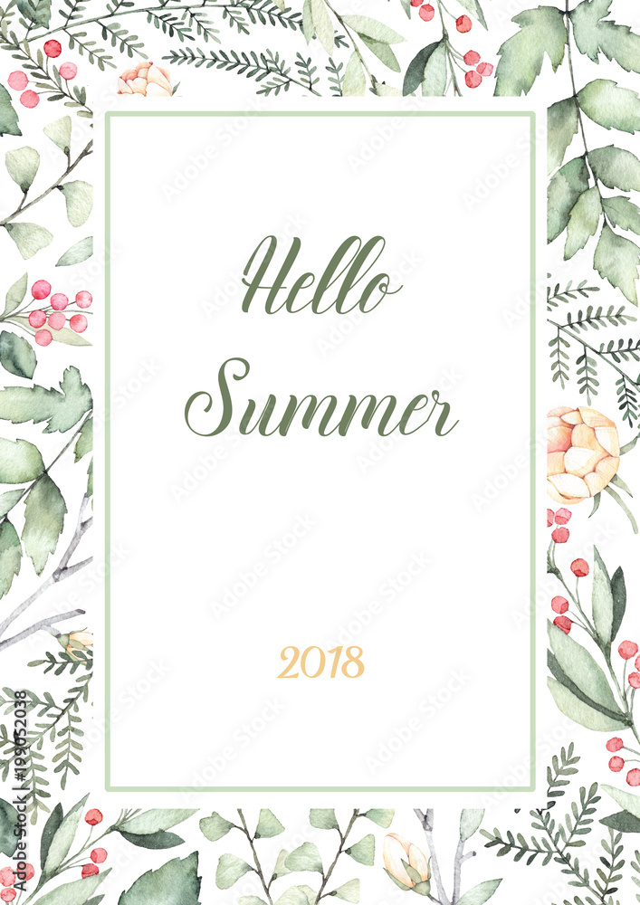 Obraz premium Hand drawn watercolor illustration. Label with Botanical background (Green leaves, ferns, berries, herbs and branches). Floral Design template. Perfect for wedding invitations, greeting cards, blogs