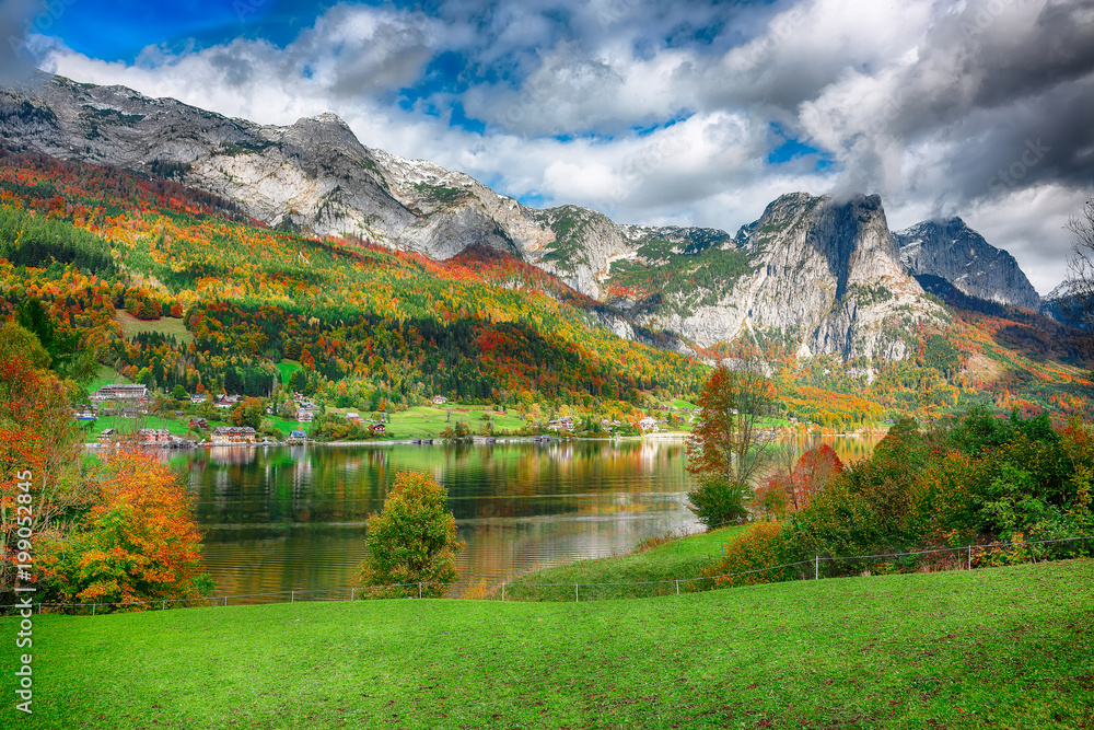 Idyllic autumn scene in Grundlsee lake. Idyllic autumn scene in Grundlsee lake.