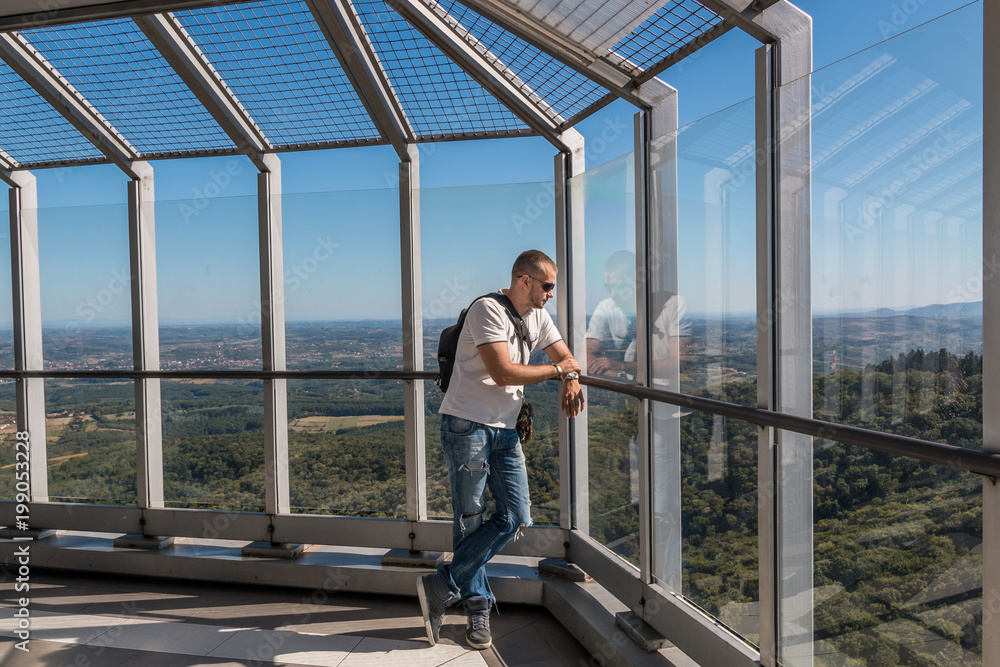 Tourist on Avala mountain observation tower Belgrade, Serbia.