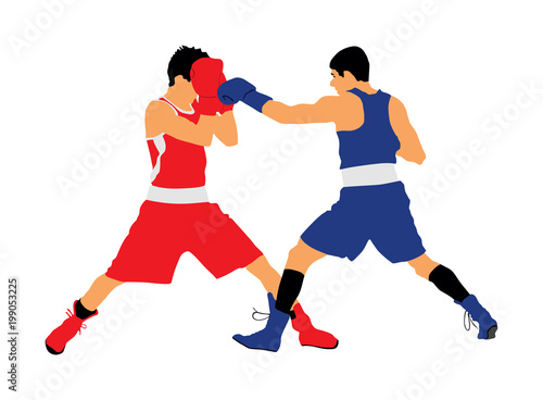 Two boxers in ring vector illustration isolated on white background. Strong fighter. Martial arts. 