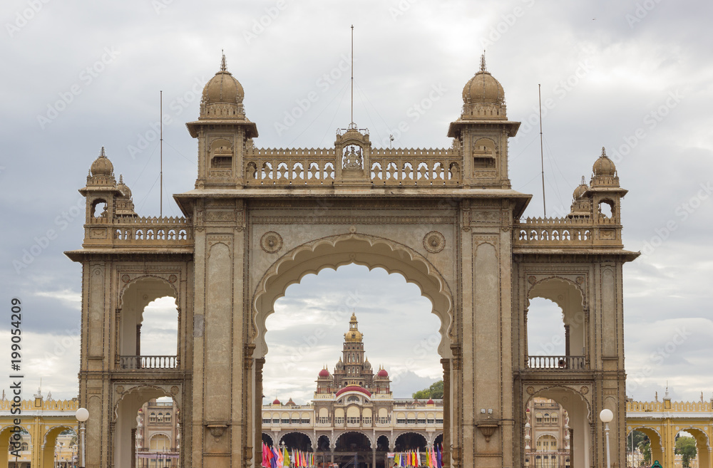 Mysore Palace entrance on cloudy day. Traditional Indian architecture