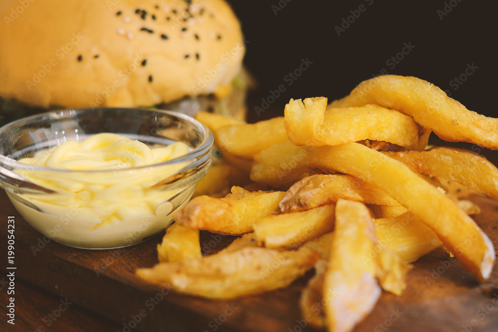 Fresh tasty burger and french fries Fresh tasty burger and french fries