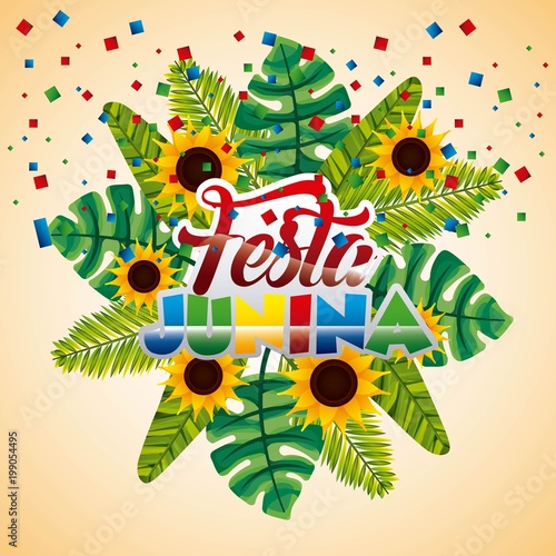 festa junina brazil party traditional tropical leaves palm flowers vector illustration