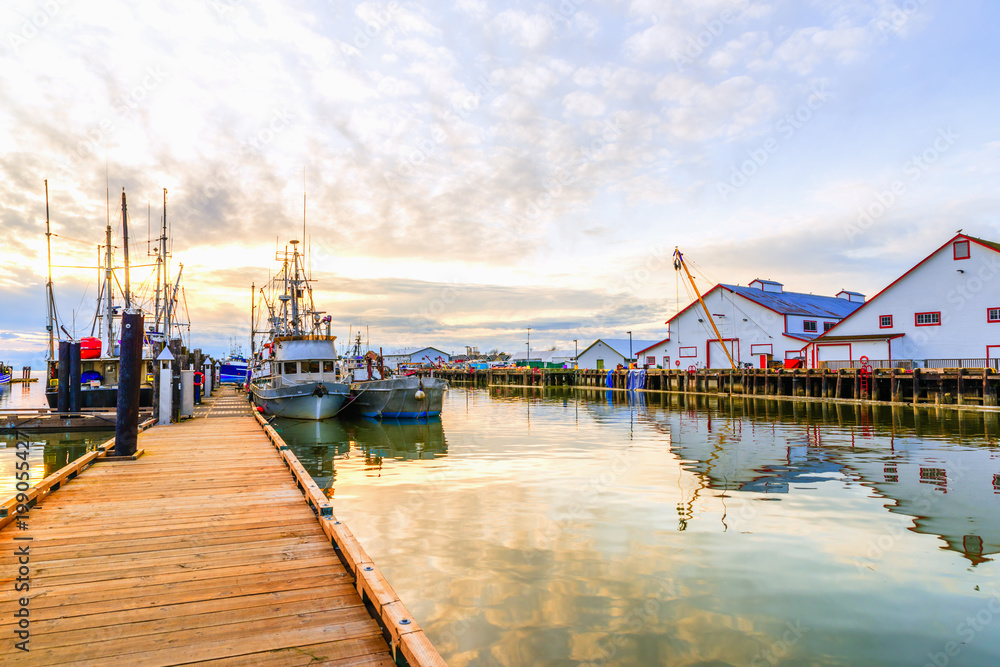 fishing boats and boats on the dock in the summer evening