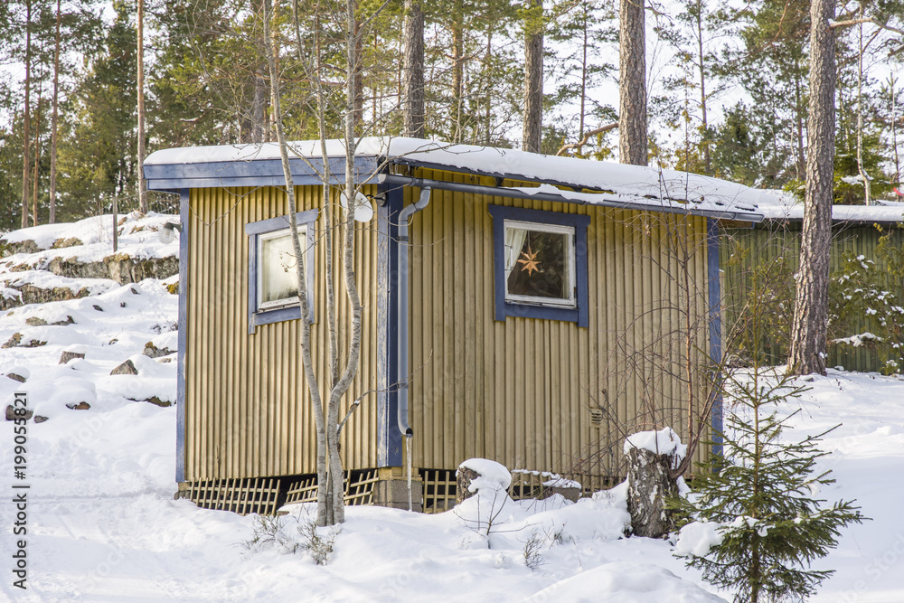 En liten stuga på landet Friggeboda fotad en mulen vinterdag En liten stuga på landet Friggeboda fotad en mulen vinterdag
