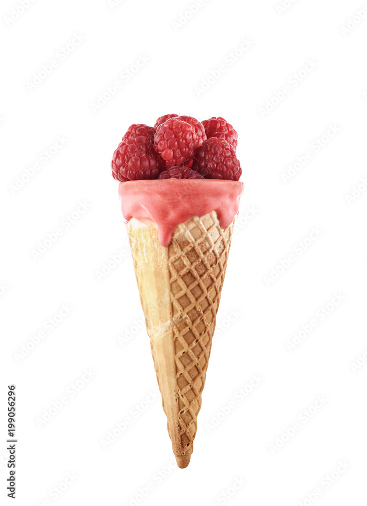 Glazed ice cream cones with raspberries isolated on a white background Glazed ice cream cones with raspberries isolated on a white background