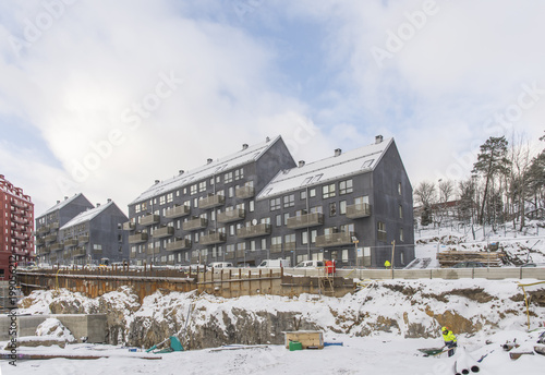 Nyproduktion av bostäder i Alby fotat på vintern 2018