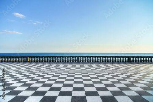 Mascagni Terrazza terrace and harbour entrance at sunset. Livorno Tuscany Italy