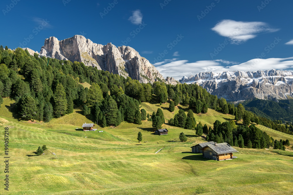 Mountain valley in the Italy alps. Beautiful natural sunset in the summer time
