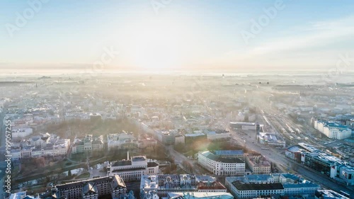 Petera Baznica Timelapse Riga city Church sunrise buildings Old Down Town Drone photo