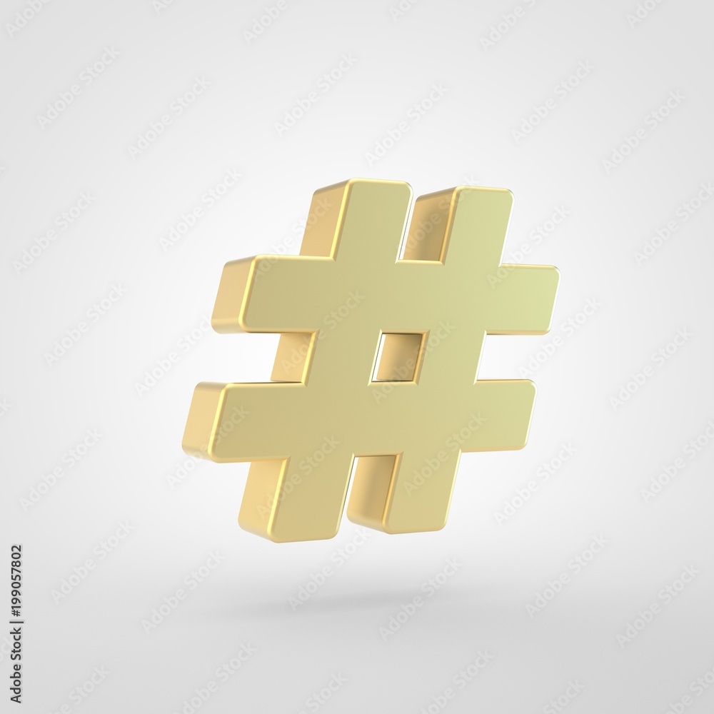 Obraz premium Golden hashtag icon isolated on white background.