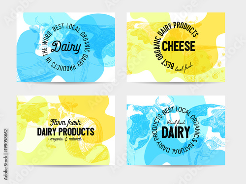 Beautiful vector hand drawn dairy products card set.