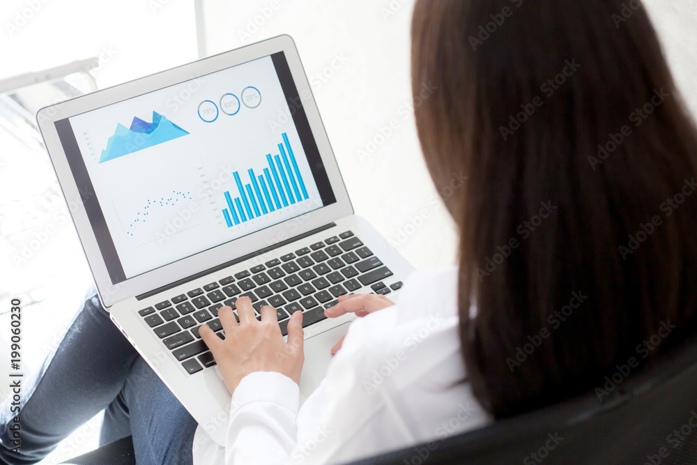 Closeup business woman work with finance analysis and planing data on laptop, typing and looking graph with computer statistic for success, business concept. Closeup business woman work with finance analysis and planing data on laptop, typing and looking graph with computer statistic for success, business concept.