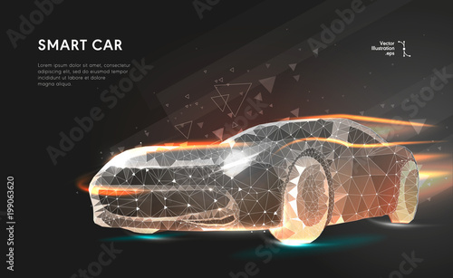 Smart or intelligent car. Sport car with polygon line on abstract background. Polygonal space low poly with connecting dots and lines. Connection structure. Vector speed concept background.