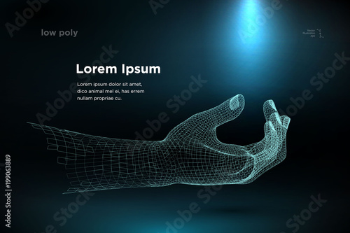 hands. blue wireframe hands reaching to each other. vector