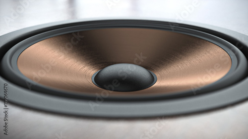 Multimedia copper finish speaker system with different speakers closeup over black background 3d render