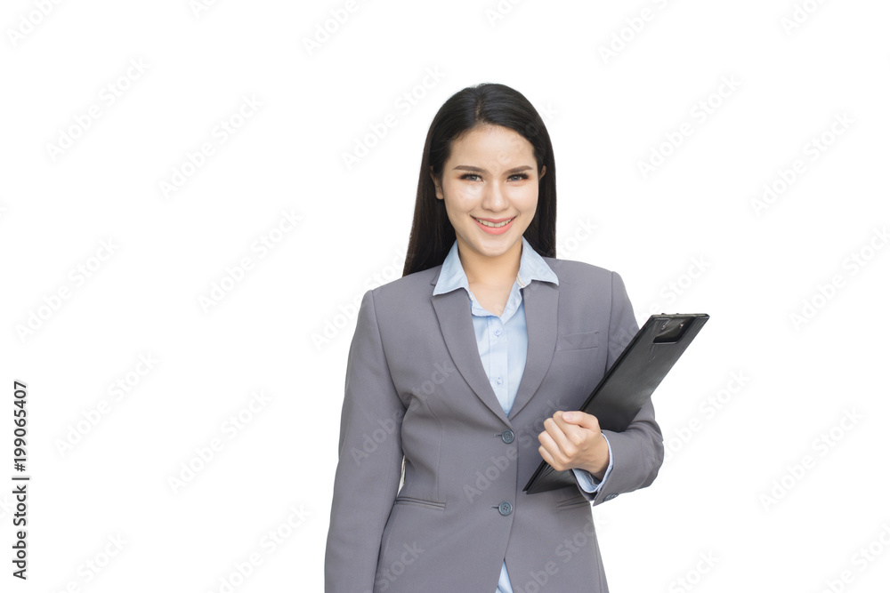 Young businesswoman hold with clipboard isolated on white background. With clipping path Young businesswoman hold with clipboard isolated on white background. With clipping path