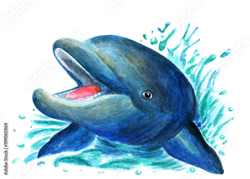 Illustration of a dolphin painted in watercolor. Design of clothes, books. Cheerful dolphin, bright illustration. Drawing for printing, clothing, fabrics. Illustration for a book.