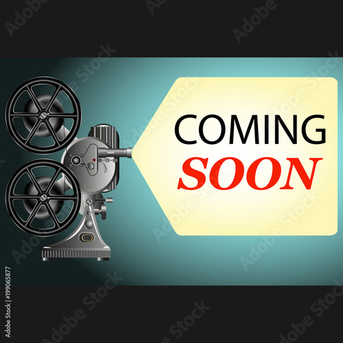 a projector with the words on the screen coming soon