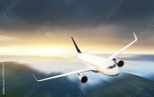 Airplane on the landscape background. Concept and idea of transportation © biletskiyevgeniy.com