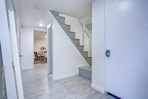 Hallway with pure white walls and gray hardwood floor