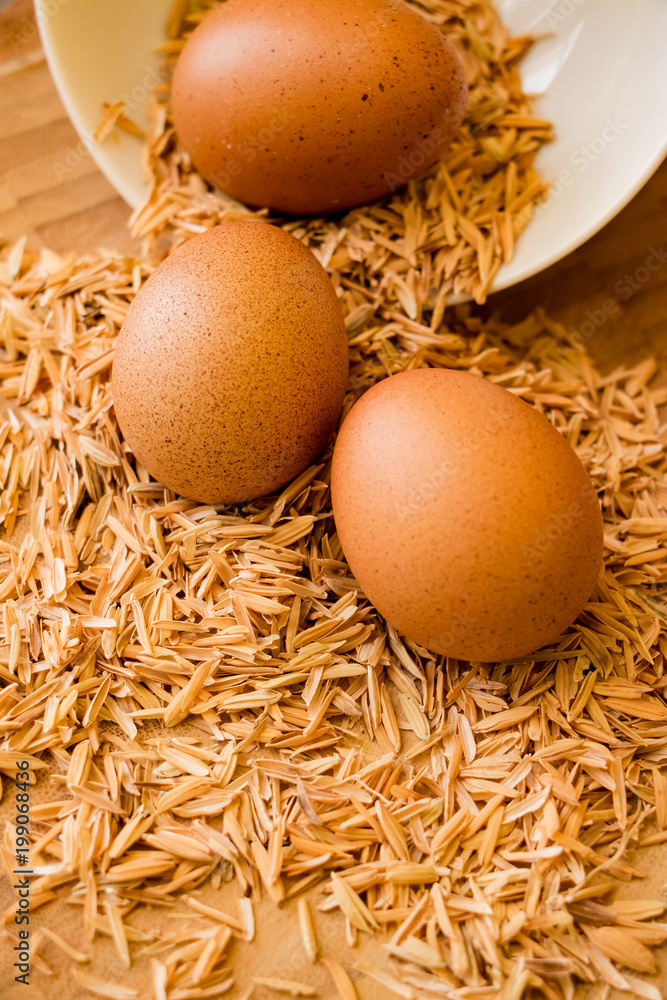 Close up photo of raw eggs on rice husk and wooden table background. Close up photo of raw eggs on rice husk and wooden table background.