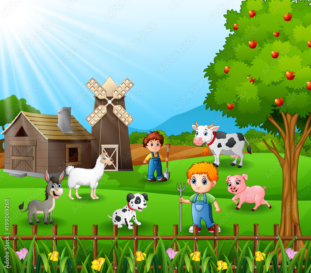 The farmers working in farm with the animals