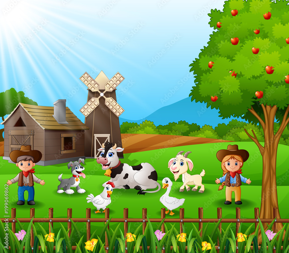Naklejka premium The cowboy and cowgirl at the farm with animals 