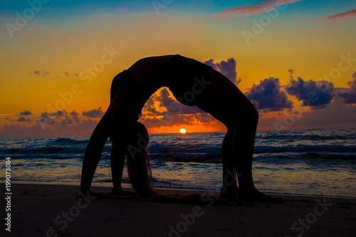 Yoga Woman Beach Silouette Sunrise Backbend