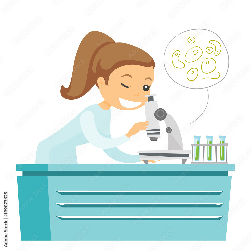 Caucasian white laboratory assistant examining liquid under a microscope. Young laboratory assistant working in the lab with a microscope. Vector cartoon illustration isolated on white background. Caucasian white laboratory assistant examining liquid under a microscope. Young laboratory assistant working in the lab with a microscope. Vector cartoon illustration isolated on white background.
