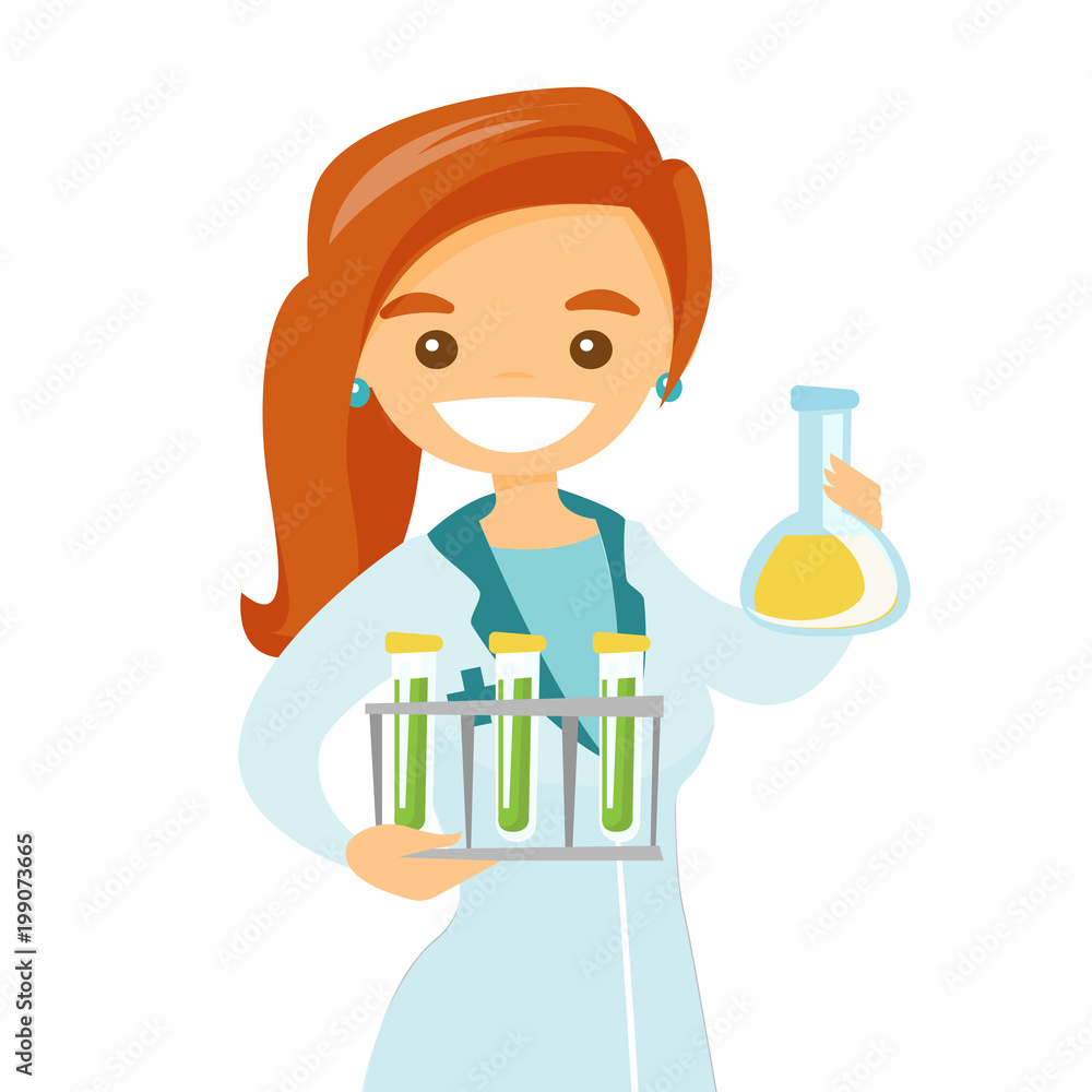 Young caucasian white laboratory assistant holding test tubes and beaker. Scientist analyzing samples in test tubes. Vector cartoon illustration isolated on white background. Square layout. Young caucasian white laboratory assistant holding test tubes and beaker. Scientist analyzing samples in test tubes. Vector cartoon illustration isolated on white background. Square layout.