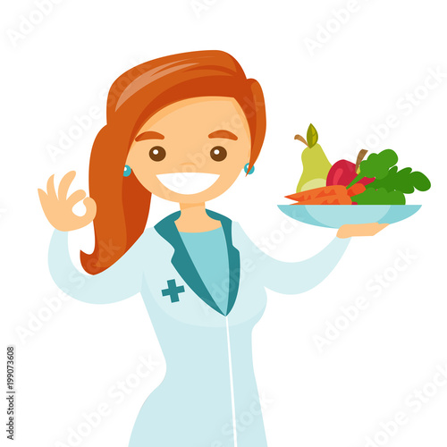 Caucasian white dietician holding plate with healthy food. Nutritionist prescribing diet and healthy eating. Nutritionist offering fresh food. Vector cartoon illustration isolated on white background.