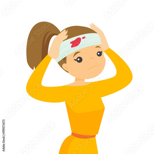 Upset caucasian white woman with bandage around her head. Young sad woman with injured head. Vector cartoon illustration isolated on white background. Square layout.