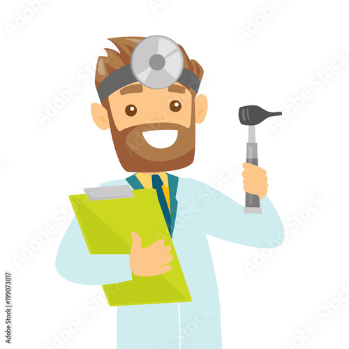Young caucasian white otolaryngologist doctor holding clipboard. Audiologist doctor in medical gown with tools used for examination of ear, nose, throat. Vector cartoon illustration. Square layout.