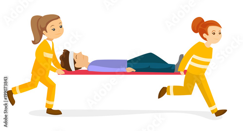 Caucasian white emergency doctors transporting victim after accident on the stretcher. Team of paramedics carrying an injured man on medical stretcher. Vector cartoon illustration. Horizontal layout.
