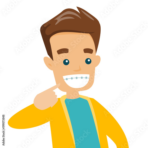 Young happy caucasian white man smiling with braces on teeth. Cheerful man showing his smile with dental braces. Vector cartoon illustration isolated on white background. Square layout.