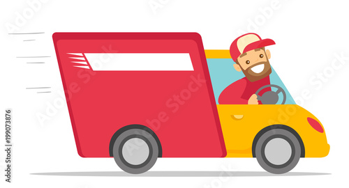 Caucasian white man driving a delivery truck. Happy courier looking through a truck window. Delivery cargo service concept. Vector cartoon illustration isolated on white background. Horizontal layout.