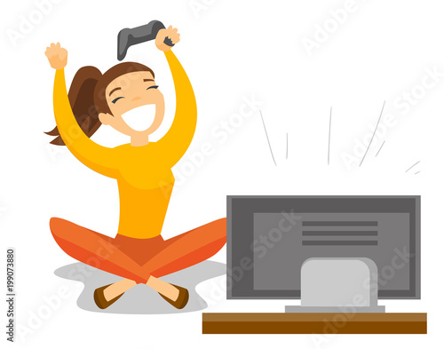 Excited caucasian white gamer playing video game on the television at home. Young woman with console in hands celebrating her victory in video game. Vector cartoon illustration. Horizontal layout.