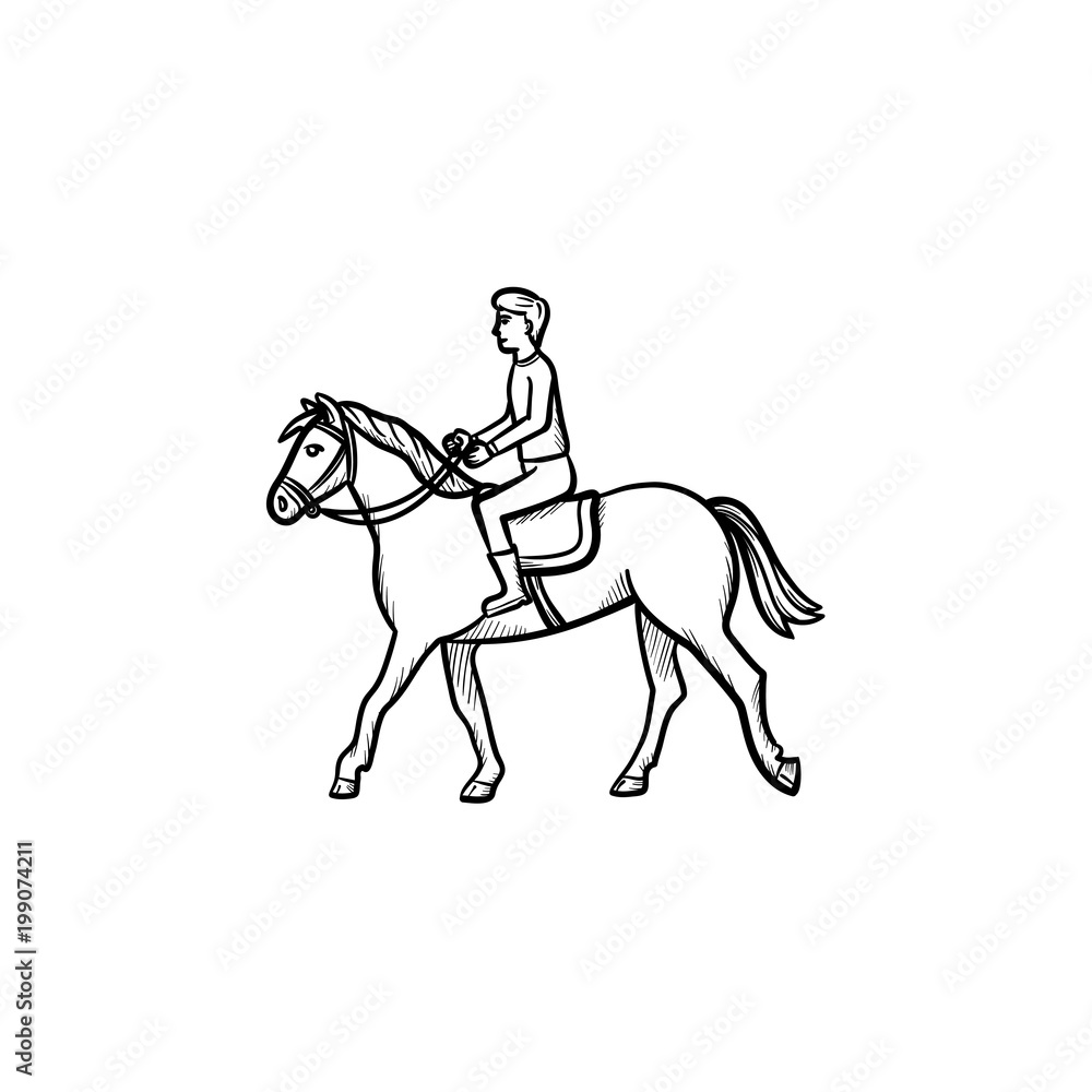 Man riding horse with saddle hand drawn outline doodle icon Man riding horse with saddle hand drawn outline doodle icon